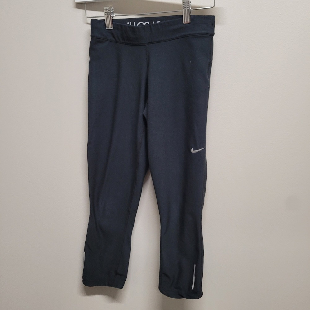 Nike Dri-FIT Women Black Cropped Running Leggings XS Just Do It Waistband Zipper